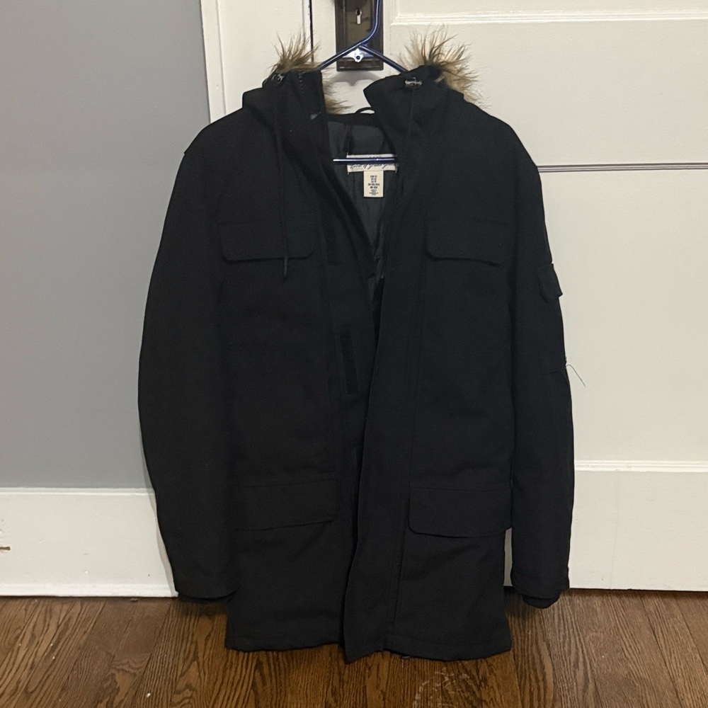 H&M Black Utility Jacket with Faux Fur Hood
